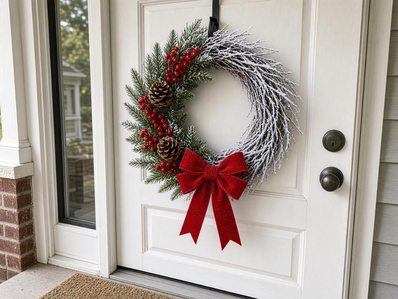 A snowy white Christmas wreath on a front door